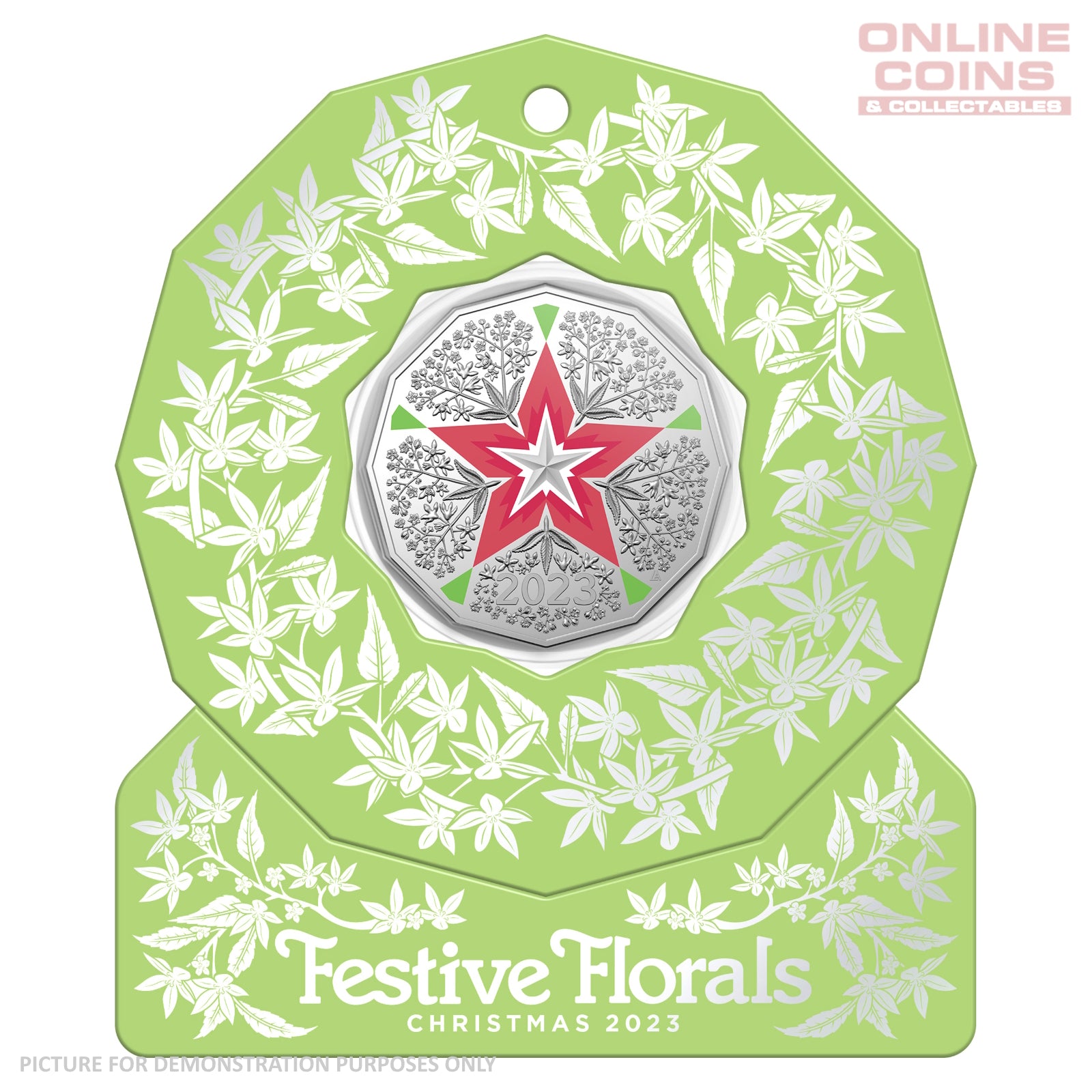 2023 50c CuNi Coloured Uncirculated Carded Coin - Christmas Decoration Festive Floral GREEN